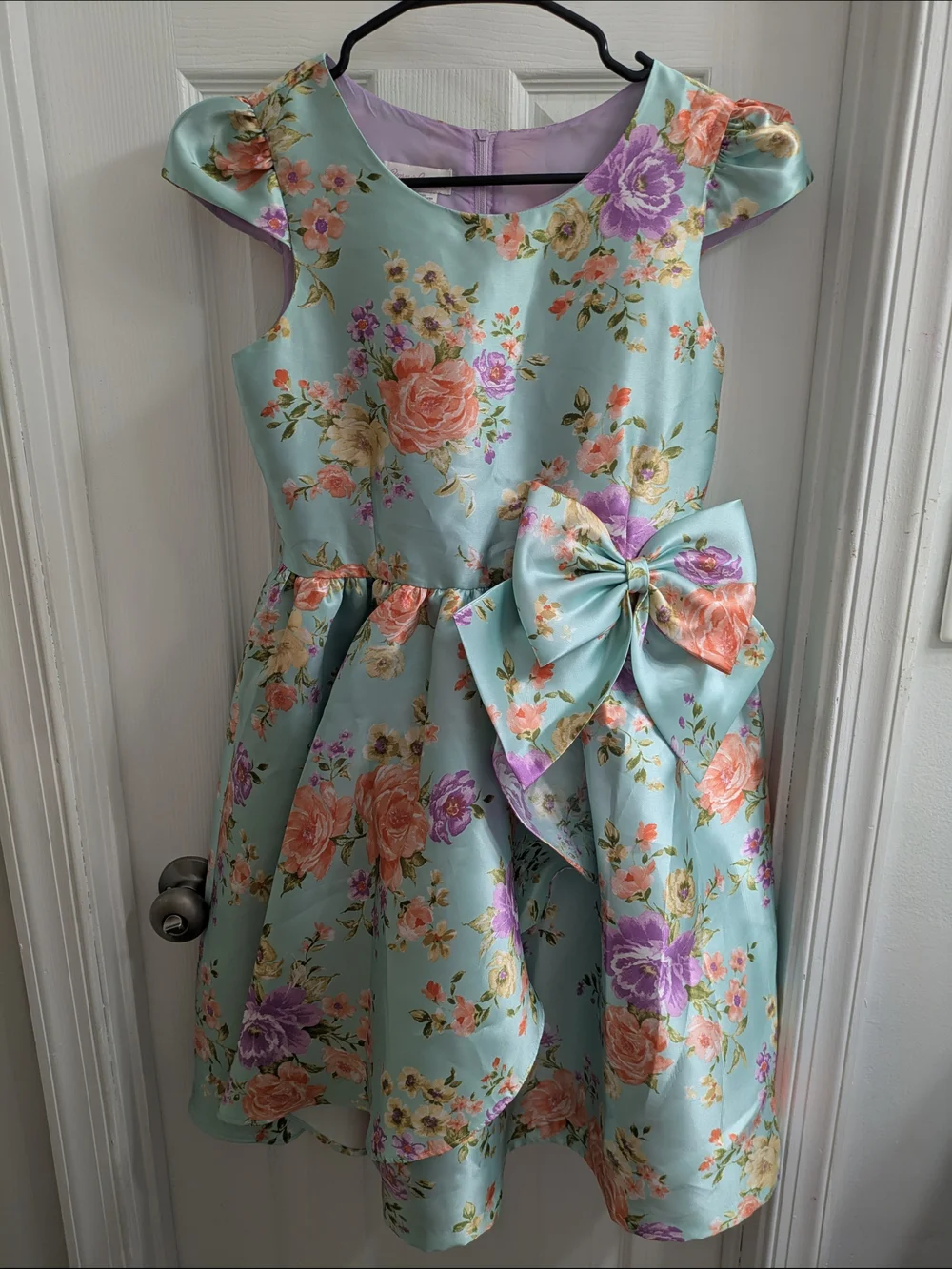 NWT Bonnie Jean Floral Bow-Accent Mint Girls' Dress Size 16 Cap Puff Sleeves